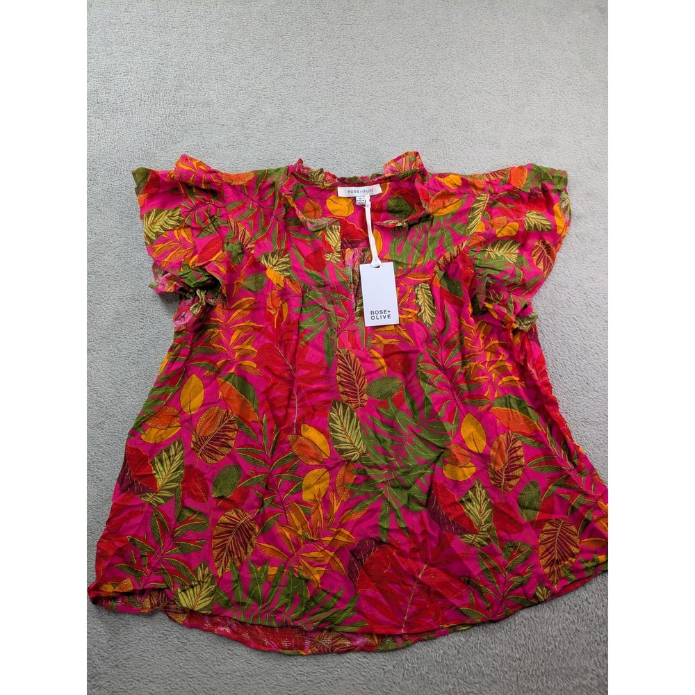 Rose + Olive Tropical Floral Flutter Sleeve Blouse Pink Green Rayon Medium NWT - Picture 2 of 11